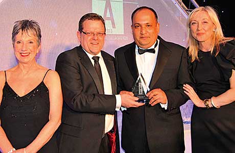 The Employee of  the Year Award won by Abhay Singh, United Wholesale Grocers, Polmadie and sponsored by Premier Foods. From left to right: Kate Salmon; Ross Brown, business manager, Premier Foods; Abhay Singh, floor supervisor at United Wholesale Grocers, Polmadie; and Cathy Macdonald.