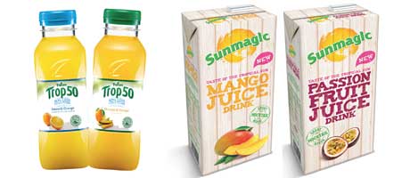Tropicana, the UK’s biggest-selling chilled juice brand, has launched Trop50, a fruit juice drink with half the calories and half the sugar of regular juice.  Fruit juice, smoothie and juice drink brand Sunmagic launched four new products  – Mango Juice Drink, Passion Fruit Juice Drink, Pineapple & Coconut Juice Drink, and Pomegranate Juice Drink. The £1.59 RRP  products come in one-litre recap packs.