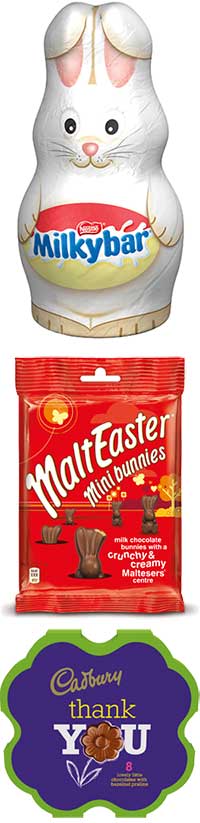 Mars has added a MaltEaster mini bunnies pack to its range for Easter 2013.  Boxes of mini flower-shaped chocolates are part of the Mondelez spring range this year.  And Nestlé has introduced a Milkybar bunny to its Easter selection.