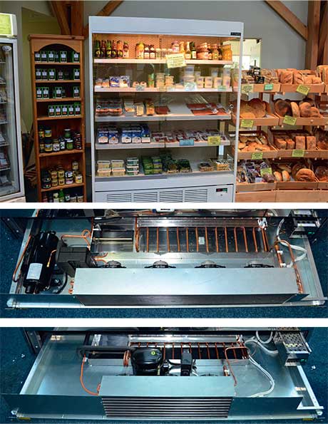 The Apollo multi-deck chiller with sliding doors, top right. The lower pictures on the right show one of the reasons costs fall with doors fitted. In the middle picture is the engineering tray used in the running of an Apollo unit without doors. The lower picture shows the much smaller configuration required when the unit is supplied with doors.