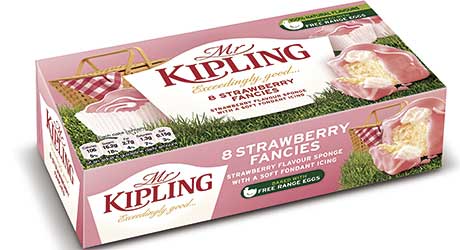 TO get shoppers in the mood for Wimbledon and strawberries and cream, Mr Kipling has a new summery, limited-edition cake. Strawberry Fancies are light sponges with a vanilla topping, beneath soft strawberry-flavoured icing. The new line’s pink packaging features a picnic basket on lush grass.