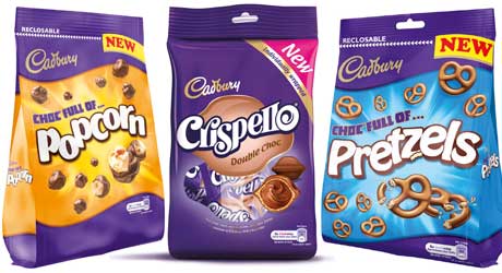 Products from the extensive range of Cadbury chocolate snacks sharing bags. Bagged chocolate lines are now worth just under £370m and showed year-on-year growth of just under 16%, more than three times the overall market figure, said Cadbury brand owner Mondelez International.