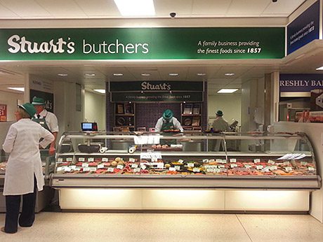 Pictured above, Scotmid’s new value-led store at Prestonpans provides more economy offers as well as an increased range of local products. And, pictured right, the new Stuart’s in-store butcher counter at the South Queensferry Scotmid.