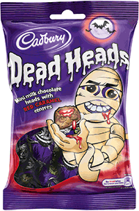 Cadbury’s Dead Heads return for a second year - mini milk chocolate heads with gory red caramel centres.