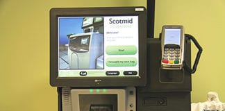 The new self -scan checkouts being introduced in four of Scotmid’s Edinburgh stores. If the pilot project proves successful the tills will be introduced in more stores next year.