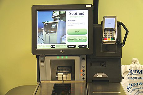 The new self -scan checkouts being introduced in four of  Scotmid’s Edinburgh stores. If the pilot project proves successful the tills will be introduced in more stores next year.