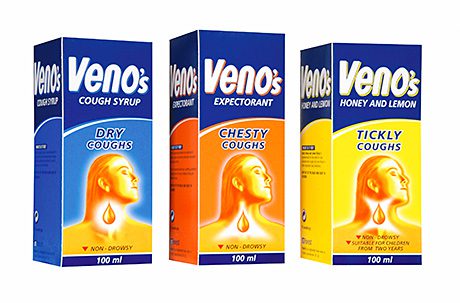 Veno’s range of cough medicines covers every type of cough. The Honey and Lemon variety is suitable for children aged two and over while the Cough Syrup is for those aged over three. 