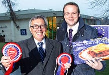 Gordon Allan, director of Malcolm Allan, left, and Gordon Robinson, Bank of Scotland relationship director, right, outside the new Malcolm Allan headquarters in Larbert. The new plant was developed after a £2.9m finance deal with Bank of Scotland was agreed.