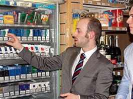 SG workSHOP: Project 3, Tobacco Tim Oates of Imperial Tobacco, left, and Grant MacBean, manger of Lomond Service Station in Jamestown, Alexandria, close to Loch Lomond, discuss the store’s tobacco range.