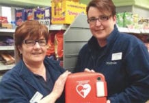 A life-saving defibrillator, in store at Scotmid, Torrance.