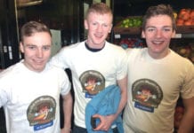 Been there, ate it, got the T-shirt! Three gentlemen in Scotmid show they’re hot stuff after each devouring a Stuart’s Fiery Pie.