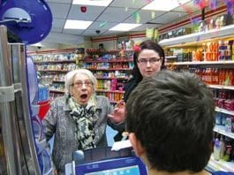 Lotto shop hosts the stars Mary Ann McMillan, left and Alexis Devlin weren’t expecting samba bands and TV stars at Browns