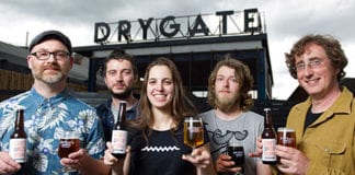 Marking September’s Craft Beer Rising, left to right: Matt Johnson, Pilot Brewery, Leith; Pat Jones, also Pilot; Alessandra Confessore, Drygate Brewing Co, Glasgow; Graeme Martin, Tempest Brew Co, Kelso; Peter Stuart, Thistly Cross Cider, Dunbar.