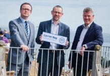 Left to right: John Lee, Scottish Grocers’ Federation; Iain Gulland, Zero Waste Scotland; Tom Brock, Scottish Seabird Centre, at the launch of the Carrier Bag Commitment.