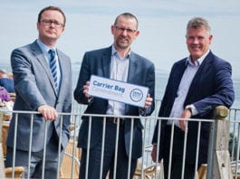 Commitment is in the bag Left to right: John Lee, Scottish Grocers’ Federation; Iain Gulland, Zero Waste Scotland; Tom Brock, Scottish Seabird Centre, at the launch of the Carrier Bag Commitment.