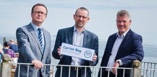 Left to right: John Lee, Scottish Grocers’ Federation; Iain Gulland, Zero Waste Scotland; Tom Brock, Scottish Seabird Centre, at the launch of the Carrier Bag Commitment.