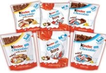 Kinder Chocolate with Cereals Mini, above left, Kinder Choco-Bons, centre, and Kinder Chocolate Mini, right. The new bite-size treats come in two sizes, with the larger bags featuring a resealable tab.