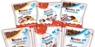 Kinder Chocolate with Cereals Mini, above left, Kinder Choco-Bons, centre, and Kinder Chocolate Mini, right. The new bite-size treats come in two sizes, with the larger bags featuring a resealable tab.