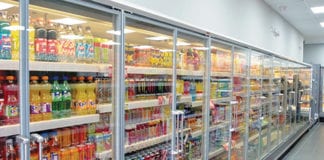 The impressive main run of chillers at the Vertex-refitted Shalamar Premier store in Paisley. As part of what was a major project, new chillers for soft drinks, dairy, chilled food and fresh produce were installed. The shop also has a five-door freezer run as well as extensive open-deck chillers in the alcohol area.