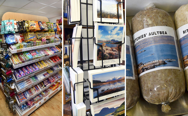 As well as its wide grocery range, Laide Post Office capitalises on its location with a wide variety of holiday souvenirs. Local produce includes Ritchie’s of Aulbea black pudding and haggis, Isle of Ewe Smokehouse fresh and smoked fish, Cullise Highland rapeseed oil, MacLeans Bakery, Harry Gow Bakery, and Highland Fine Cheeses.