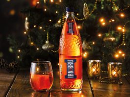 A season with some sparkle Irn Bru in front of a Christmas tree