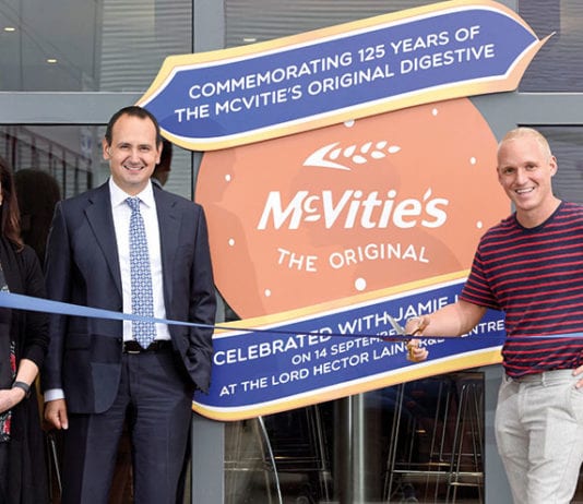 Pushing forward Lord Hector Laing’s great grand-nephew Jamie Laing, cuts the ribbon at the renamed McVitie’s Lord Hector Laing R&D Centre in High Wycombe.