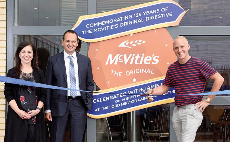 Lord Hector Laing’s great grand-nephew Jamie Laing, cuts the ribbon at the renamed McVitie’s Lord Hector Laing R&D Centre in High Wycombe.
