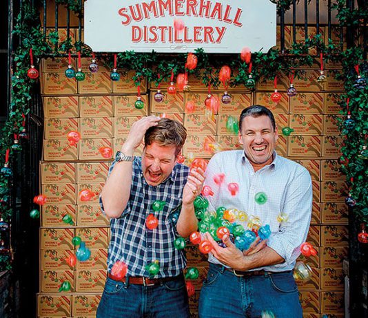 Breaking out the baubles Pickering’s Gin co-founders Marcus Pickering and Matt Gammell, above.
