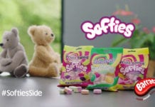 Still from Softies TV advert with sweets and two bears