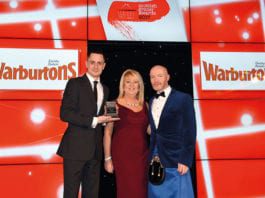 Rising to the occasion Angie Turnbull, Warburtons retail development area manager, centre, and host Craig Hill, right, present the Scottish Grocer Bakery Retailer of the Year Award (managed store) to Craig McAulay of Scotmid Stockbridge.