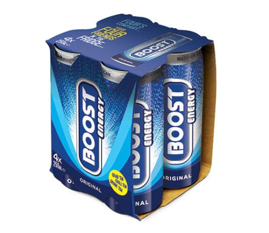 Energy brand cuts sugar ahead of tax Boost-Energy-4x250ML pack
