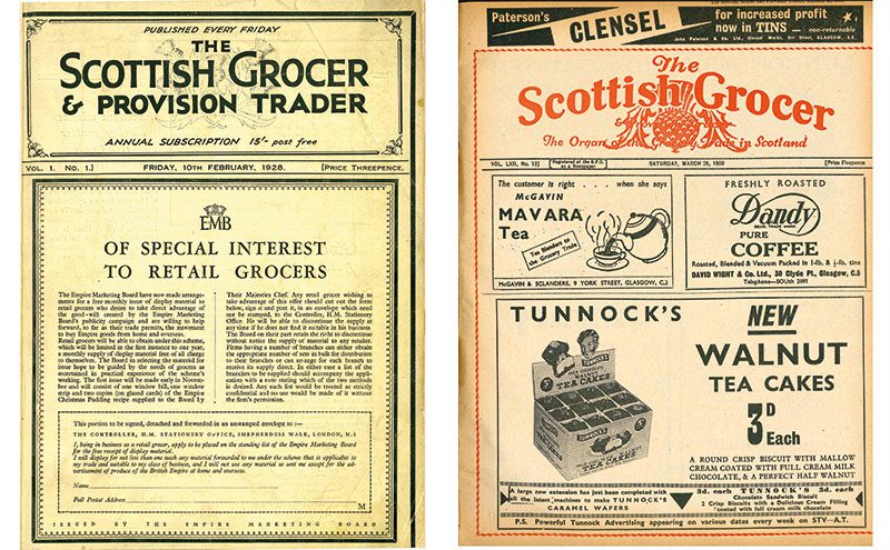 While the Empire Marketing Board (left) no longer encourages retailers to “Buy Empire” in Scottish Grocer, other advertisers of yesteryear can still be heard from today.