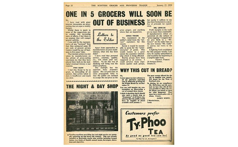The Auld Enemy – Letters to the Editor as far back as 1959 warn of the dire consequences that could befall the independent retailer in the face of competitively-priced multiple site operators. One of the first vending machines also found its way into Scottish Grocer.