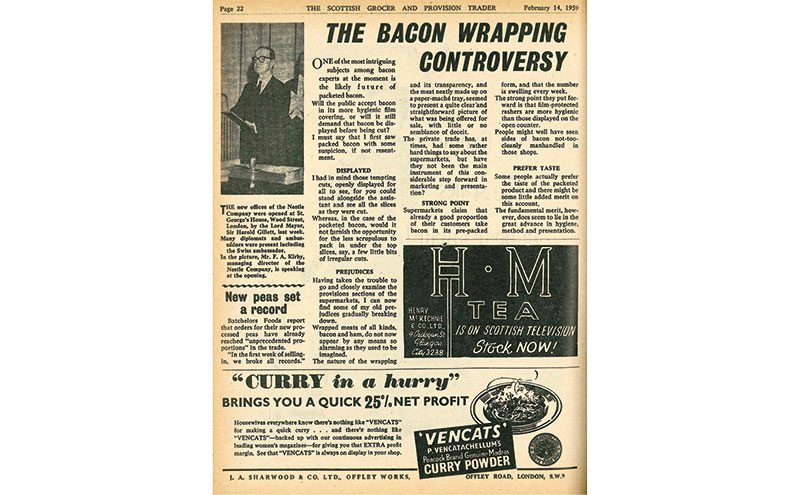 Will the public accept bacon in a packet? That was the tough question being asked by Scottish Grocer as concerns were raised over the appetite for film-covered pork among 1950s consumers.