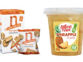 Snacking better Nairns mimi cheese carton and bag, and Nature's Finest Pineapple
