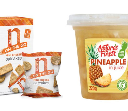 Snacking better Nairns mimi cheese carton and bag, and Nature's Finest Pineapple