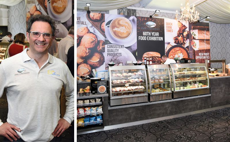 Above left, Fife Creamery sales director Steve Appolinari, pictured at the company’s 60th birthday exhibition at Keavil House Hotel in Dunfermline last year. Star of the show was the food-to-go counter, showing the full range available in the category.