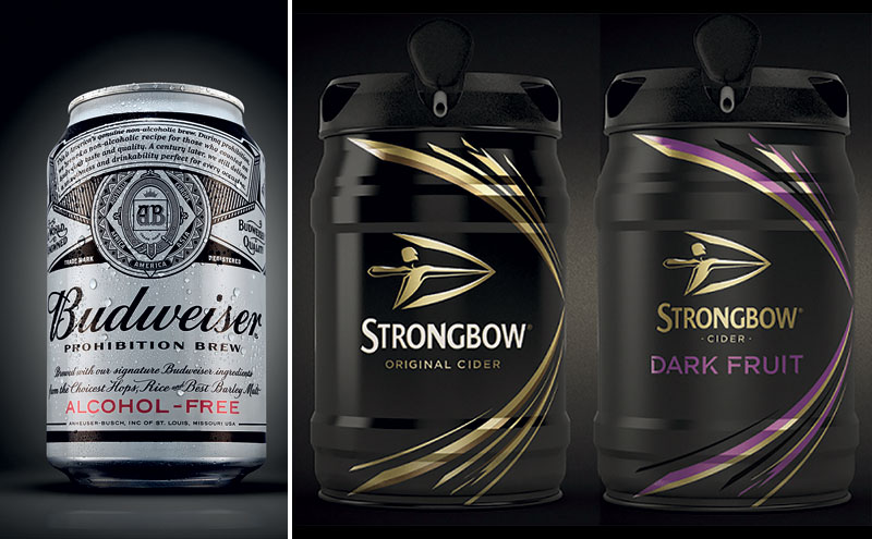 Budwiser can and kegs of Strongbow