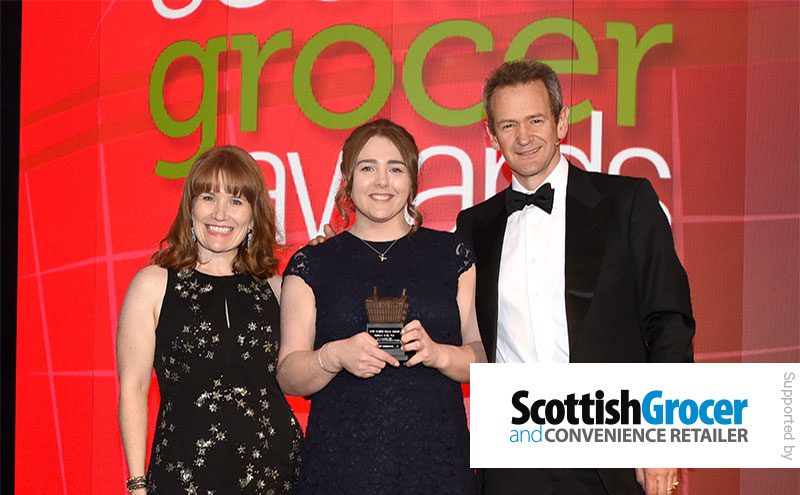 Scottish Grocer group advertising manager Emily Sanderson and Alexander Armstrong present the Employee of the Year award to Sasha Henderson, David’s Kitchen, Falkirk.