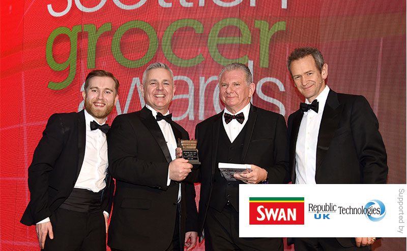 (From left) Scottish Grocer editor Matthew Lynas, Gavin Anderson, general sales manager Republic Technologies UK, Eddie Lynagh and Alexander Armstrong.