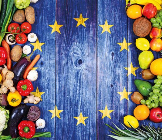 Brexit impacts grocery sales eu flag with fruit and vegetables