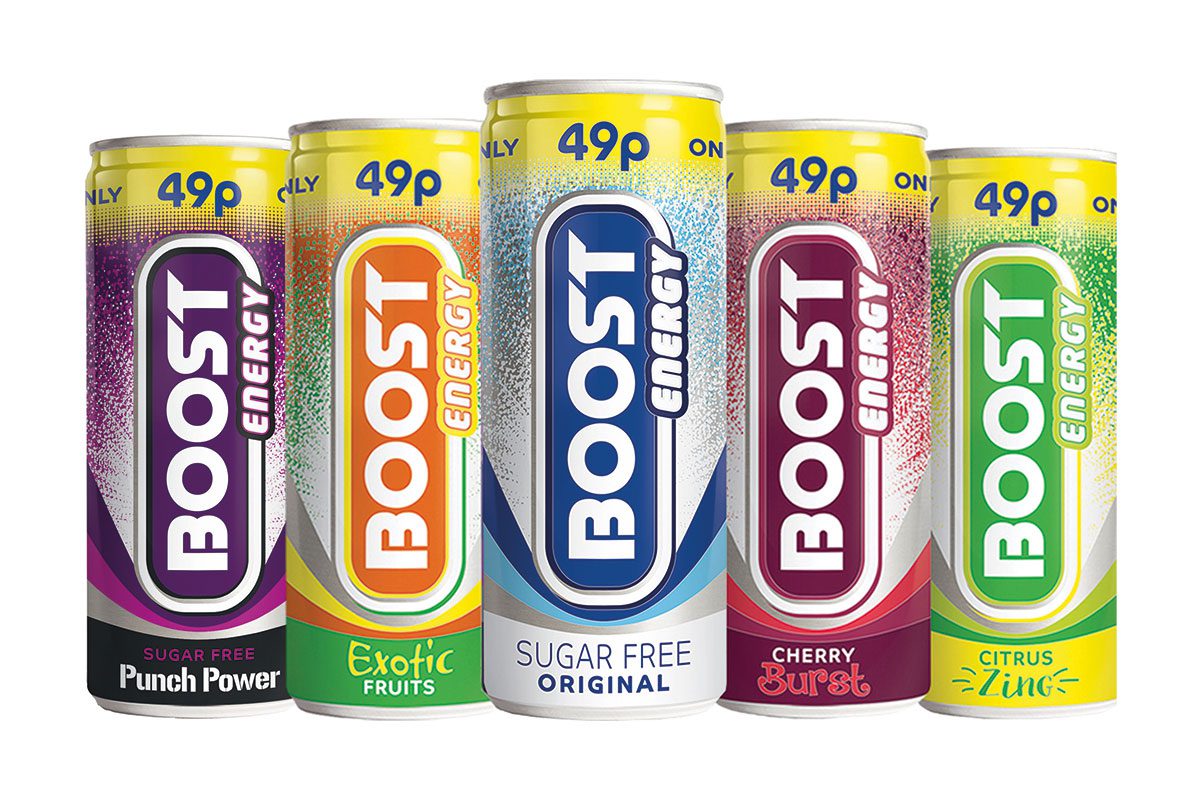 The Boost energy drink range in PMP format 49p