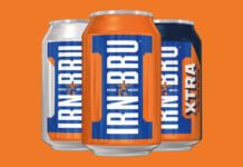 Irn Bru cans on orange backgroun
