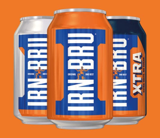 Essential in the chiller Irn Bru cans on orange backgroun