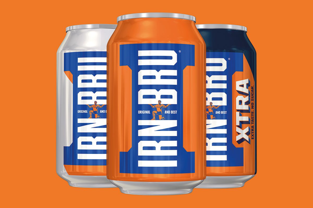 Irn Bru cans on orange backgroun