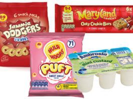 Small portions mean big sales Snacks Jammie Dodgers, Hula Hoops Maryland Cookies Ambrosia Custard