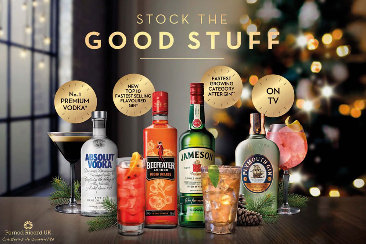 Pernod Ricard Christmas portfolio including Absolut Vodka, Beefeater London Blood Orange gin, Jameson Irish whisky and Plymouth gin