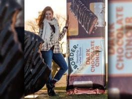 New format for fiery treat woman standing next to border biscuit ad