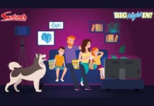 purple advert, family and dog