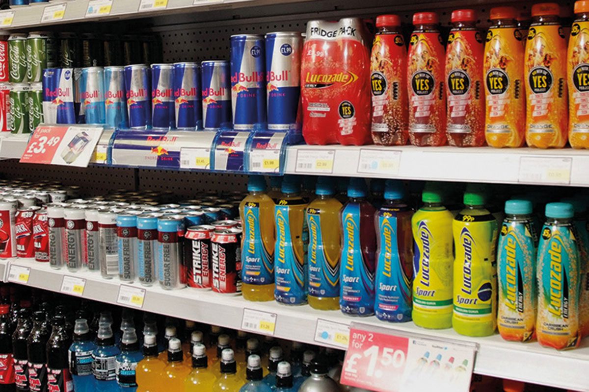 A display of soft drinks in a supermarket